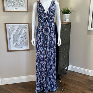 Lemon Tart v-neck maxi dress, blue coral and white abstract print, size M